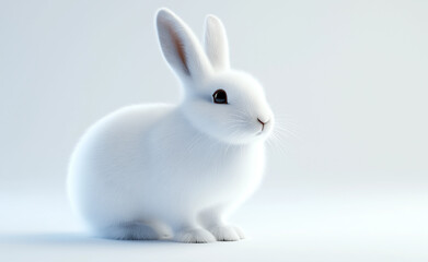Fototapeta premium A fluffy white rabbit sitting on a soft, glowing surface, its fur illuminated against a pale background in a dreamy composition. 