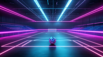 A neon-lit futsal stadium featuring a glowing ball at the center, with illuminated lines creating a futuristic atmosphere. 3D rendering