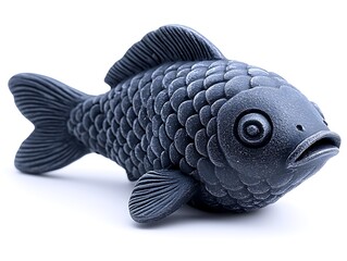 • A single fish-shaped cast iron mold, commonly used for making sweet taiyaki pastries, sits on a spotless white plane. The crisp lighting showcases every scale etched into the mold’s interior, 