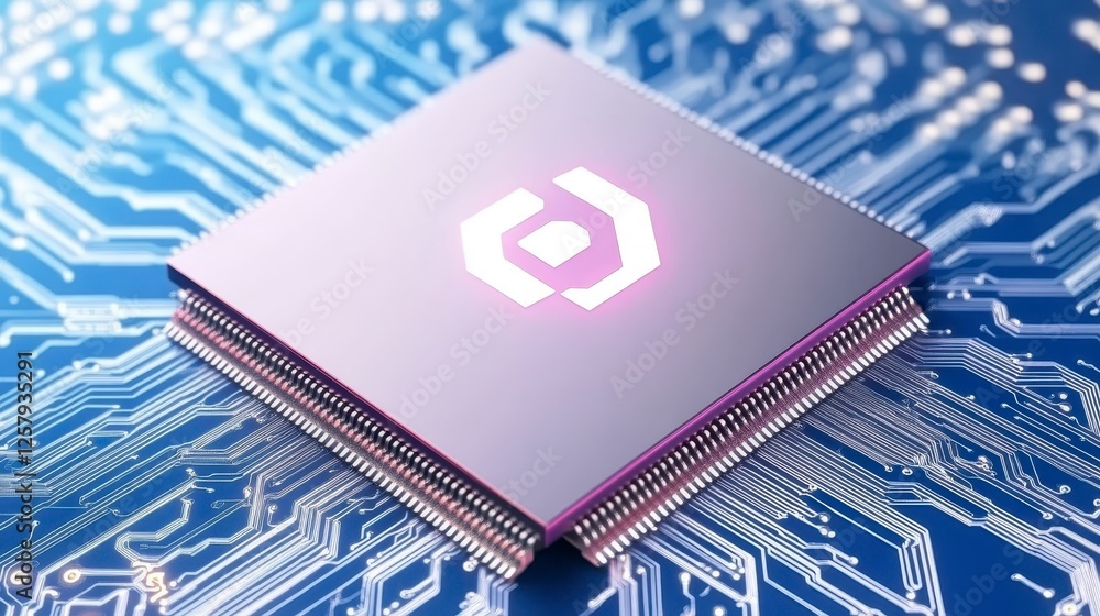 Poster close up view of a microprocessor chip on a complex circuit board. the chip is light purple, and has