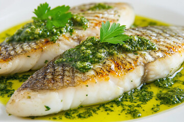 Sea bream fillets with Genoese pesto sauce, food photography 