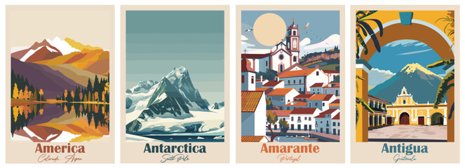 Set of 4 Vintage Travel Posters – Amarante, Aspen, Antarctica, Antigua Guatemala © DesignerThc