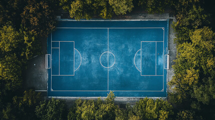 Obraz premium Aerial view of an outdoor futsal field with a blue surface, a white centerline, and a drone perspective from above