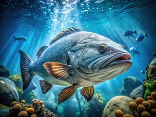 Obraz premium A colossal gray fish dominates a 4K UHD underwater shot, its monstrous form silhouetted against a deep blue.
