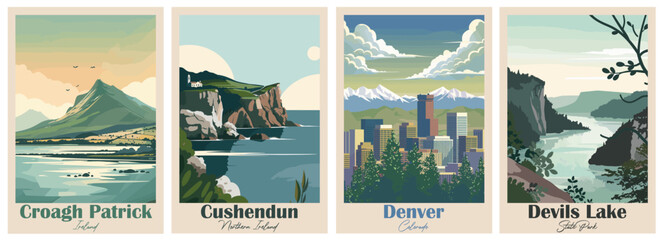 Croagh Patrick, Ireland, Cushendun, Northern Ireland, Denver, Colorado, Devils Lake, State Park - Set of 4 Vintage Travel Posters. Vector illustration. Art, High Quality Prints