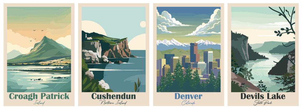 Croagh Patrick, Ireland, Cushendun, Northern Ireland, Denver, Colorado, Devils Lake, State Park - Set of 4 Vintage Travel Posters. Vector illustration. Art, High Quality Prints