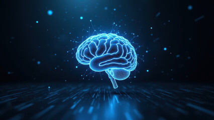 A vivid depiction of artificial intelligence with a glowing blue human brain symbolizing AI's advanced cognitive functions.