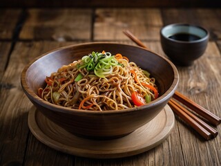 Gourmet Yakisoba Noodles with Colorful Vegetables and Soy Sauce on Wooden Table