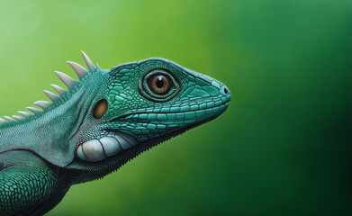 Fototapeta premium Green Iguana Close-Up: A detailed close-up of a green iguana with textured scales and sharp eyes against a soft green blurred background.