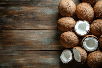 Coconut harvesting event with whole and halved coconuts mediterranean beach food photography natural setting close-up view tropical concept