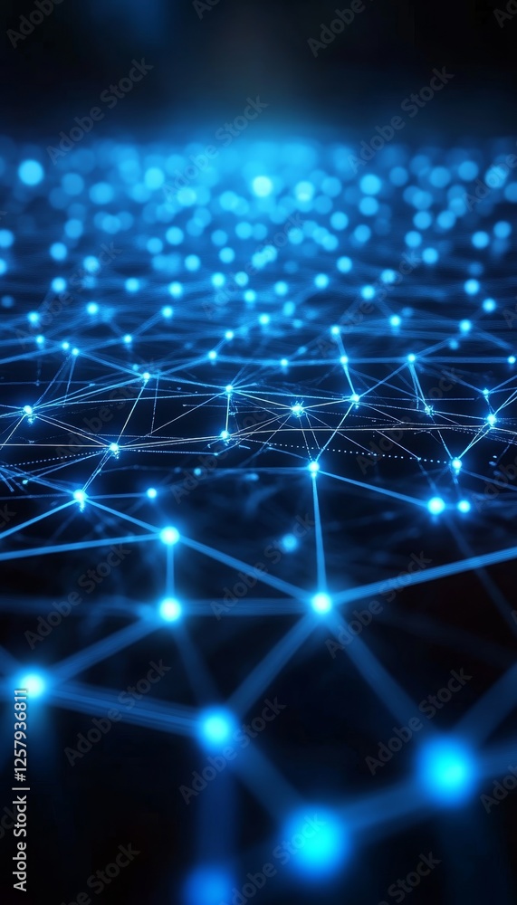 Poster luminous network of interconnected nodes, high tech geometric circuitry on dark background