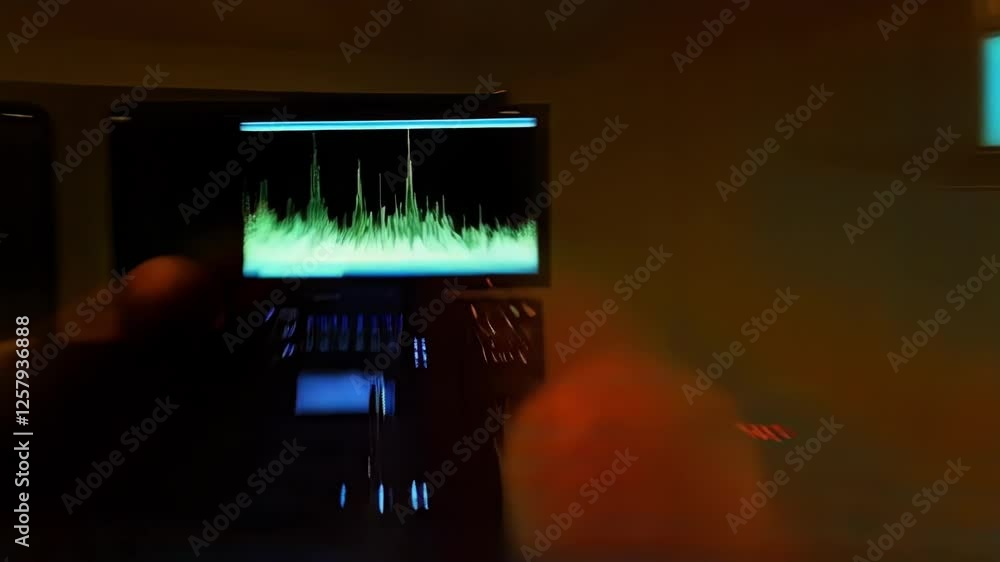 Poster multiple sonar spectrum frequencies change on monitors while scientists work in a control room, poss