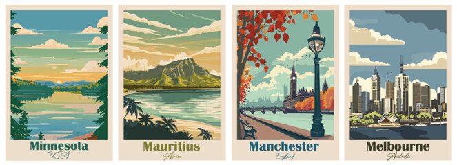 Set of 4 Vintage Travel Posters – Manchester, Mauritius, Minnesota, Melbourne