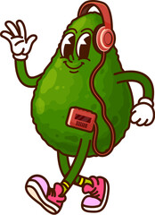 Cartoon groovy avocado character wearing headphones and listening to music from a retro cassette player. Vector cheerful avocado personage is walking in pink sneakers, waving with friendly expression