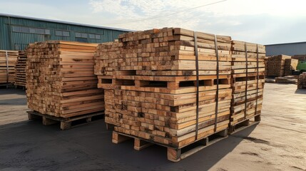 Two pallets of stacked lumber outdoors.
