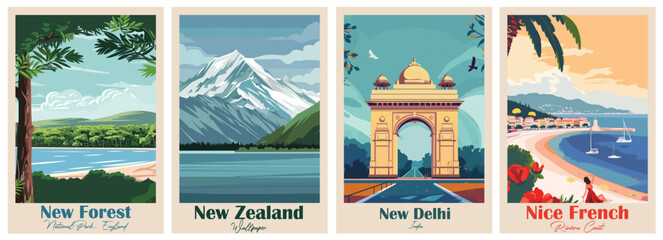 Set of 4 Vintage Travel Posters – New Delhi, New Forest, New Zealand, Nice