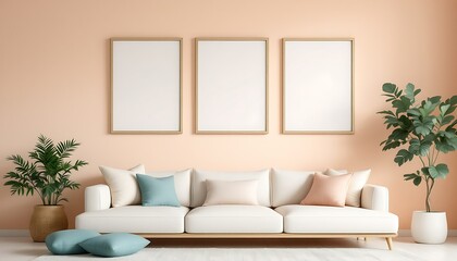 Modern living room with sofa, plants, and blank frames