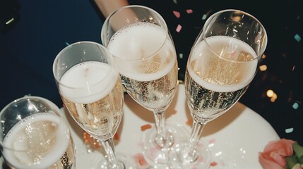 Four champagne glasses filled with bubbly, ready for a festive celebration, surrounded by confetti for a joyful atmosphere.