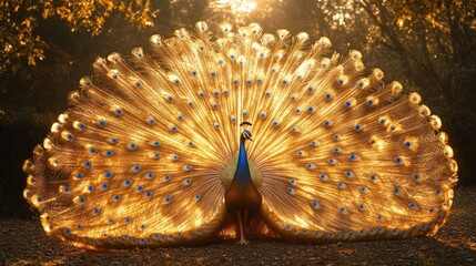 Golden Peacock Displaying in Autumn Forest