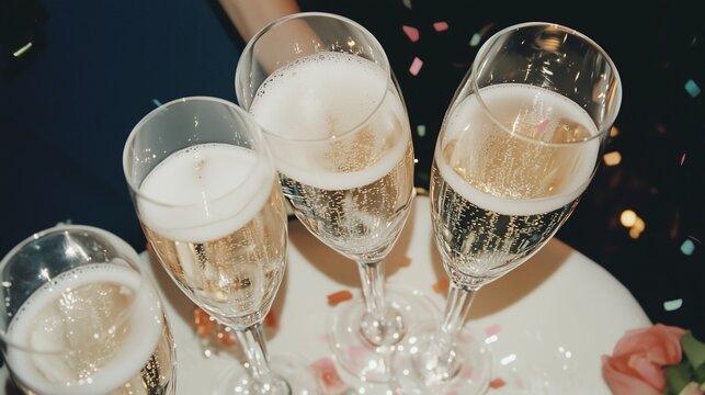 Four champagne glasses filled with bubbly, ready for a festive celebration, surrounded by confetti for a joyful atmosphere.