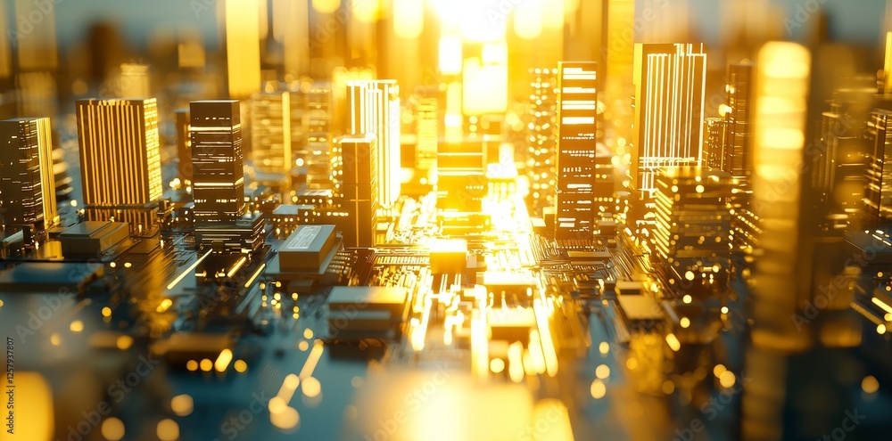 Poster a circuit board from an electronic computer, with a microchip shimmering with light, set against a b