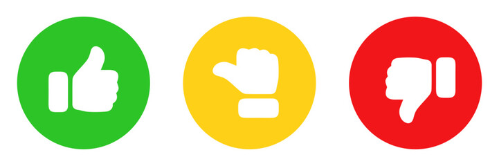 Set of colorful hand gesture icons including thumbs up, thumbs down, and neutral signs in circles. Perfect for feedback, ratings, approvals, user reviews, and reaction graphics. Icons, feedback.