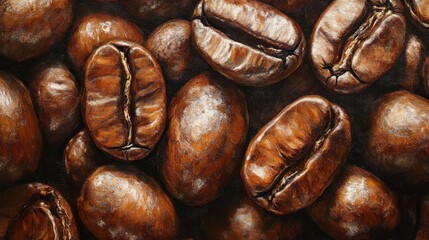 close up detail of roasted coffee beans with beautiful golden light.