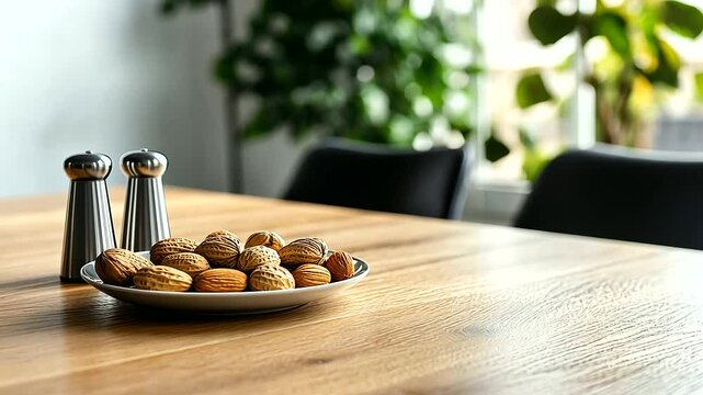 A stylish dining room showcases a wooden family table with contemporary chairs, a plate of nuts, and salt and pepper shakers, all beautifully framed by the clean simplicity of a wh
