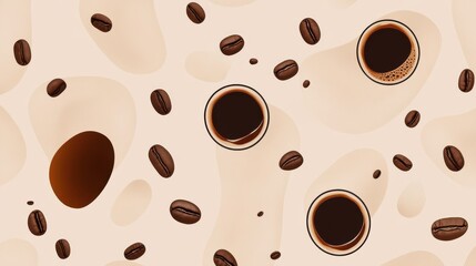 Obraz premium Abstract seamless pattern with coffee beans and organic shapes in warm tones on a beige background. Ideal for modern, artistic designs.