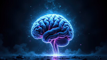Obraz premium Futuristic artificial intelligence concept with glowing brain emerging from blue energy field.