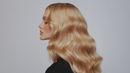 Obraz premium A young and beautiful female model with flowing long blonde hair, dressed in a golden evening gown, poses gracefully on a plain white backdrop