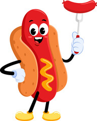 Happy HotDog Retro Cartoon Character Holding Sausage On Fork