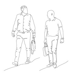 2 businessmen walking and talking. Holding laptop bags. Continuous line drawing. Black and white vector illustration in line art style.