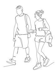 Couple man and woman in shorts walking and holding phones. Continuous line drawing. Black and white vector in line art style.