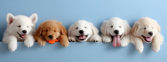 Four adorable puppies, a Golden Retriever, a White Swiss Shepherd, and two Golden Retrievers, peek cheerfully over a blue surface