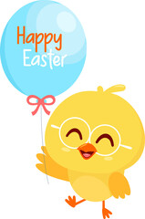 Cute Yellow Chick Cartoon Character Holding Balloon With Text Happy Easter