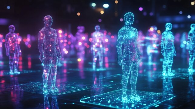 AI-driven personalized customer service chatbots visualized as glowing holograms, enhancing business-customer interactions.
