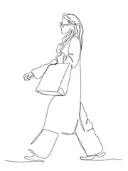 Woman in coat with shopping bag walking. Winter sale. Side view. Continuous line drawing. Black and white vector in line art style.