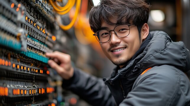 A cheerful technician in glasses and a jacket adjusts network server cables, displaying confidence and expertise in technology.