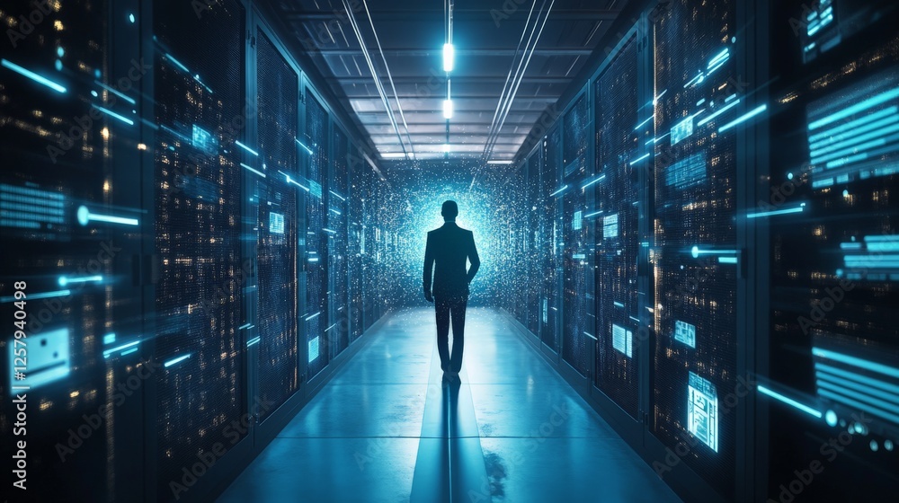Poster ai-powered cybersecurity shield protecting a business sensitive data, futuristic cyber-defense visua