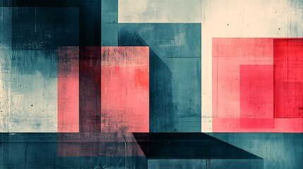 Abstract Red Blue Geometric Shapes Soft Light Wall Art. AI Generated