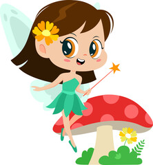Cute Tooth Fairy Girl Cartoon Character Flying With Magic Wand.  Illustration Flat Design Isolated On Transparent Background