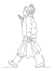 Woman in warm jacket with shopping bags talking on the phone. Continuous line drawing. Black and white vector illustration in line art style.