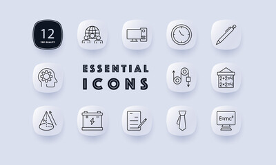 Education set icon. Computer, clock, pen, brain, math board, checklist, tie, equation, geometry, energy, process, teamwork, learning, time management, writing, thinking