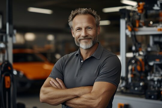 Confident mature male mechanic with arms crossed, smiling in his workshop