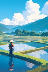 Naklejka premium Lush rice fields reflecting the blue sky with a traditional Asian farmer wearing a straw hat