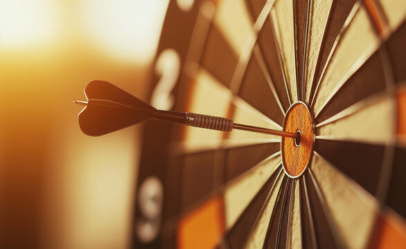 A close-up of a dart perfectly hitting the bullseye on an illuminated dartboard, symbolizing precision and success.