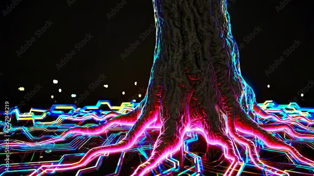 Poster futuristic digital tree with pulsating neon roots connected to a high-tech circuit board,