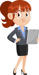 Confident Business Woman Cartoon Character Holding A Tablet PC