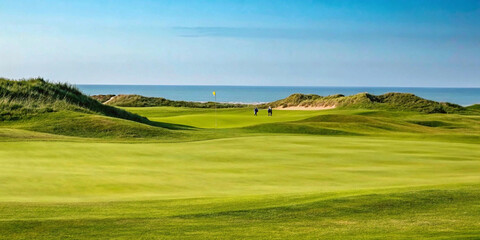 golf course on the beach, Beautiful golf course,A pristine golf course with lush green fairways and a flag marking the hole, set against the stunning backdrop of the ocean and rolling dunes